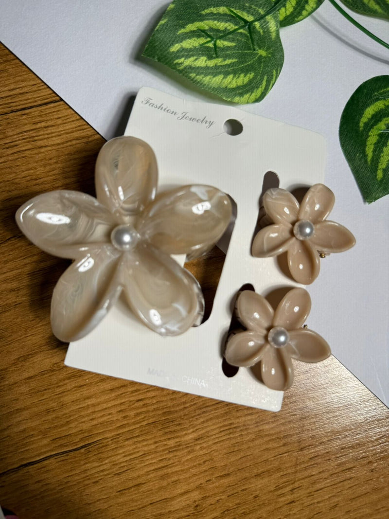 Flower Hair Clip Set with Pearl Center[set of 3]