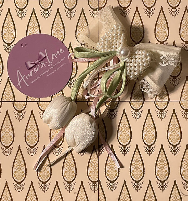 🌸 Aurora Lane – Elegant Pearl & Floral Bow Hair Accessory