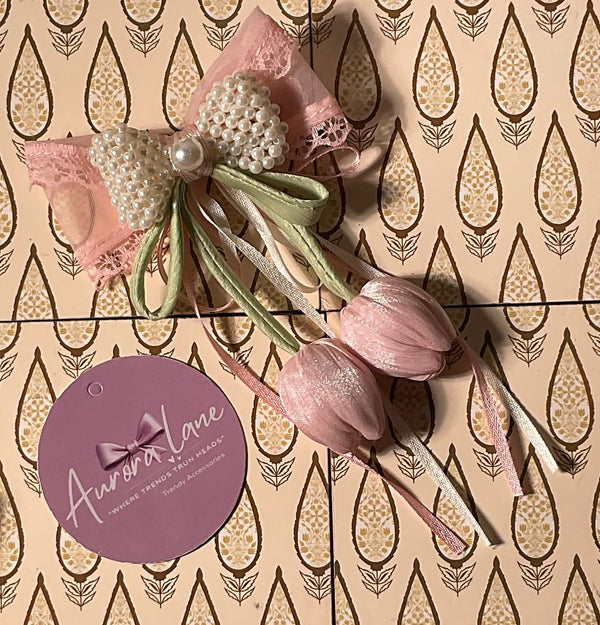 🌸 Aurora Lane – Elegant Pearl & Floral Bow Hair Accessory