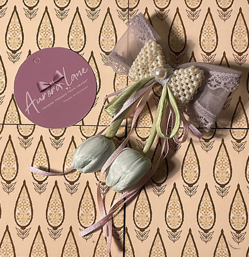 🌸 Aurora Lane – Elegant Pearl & Floral Bow Hair Accessory