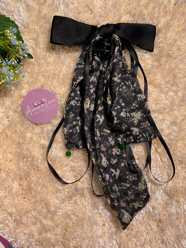 ✨ Aurora Lane Luxury Hair Accessory – Black Floral Bow Clip ✨
